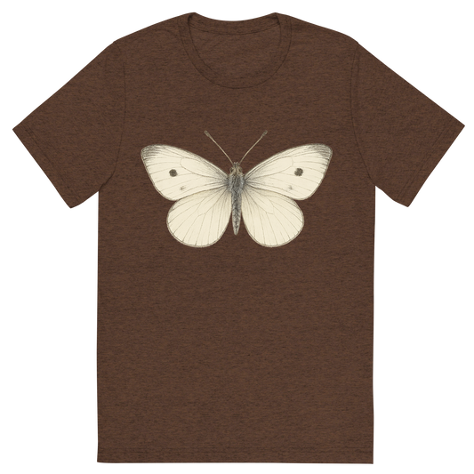 Front view of a Premium Tri-Blend Crew Neck T-Shirt in Brown showing 'A hand-drawn, tranquil graphic of cabbage white butterfly'