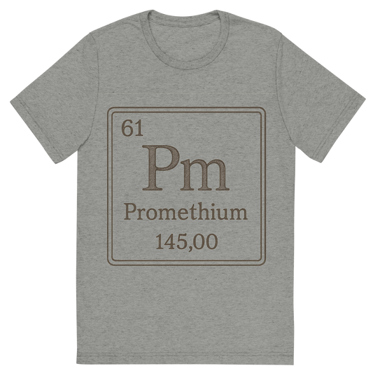 Front view of a Premium Tri-Blend Crew Neck T-Shirt in Athletic Grey showing 'A line art, nostalgic graphic of promethium's entry on the periodic table, use a dark color for the lines and text'