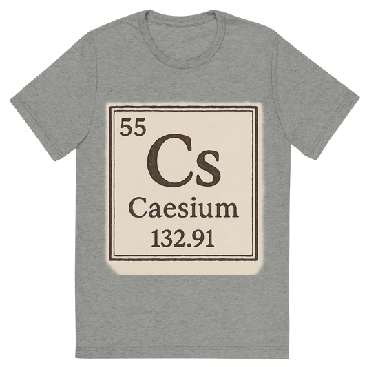 Front view of a Premium Tri-Blend Crew Neck T-Shirt in Athletic Grey showing 'A line art, nostalgic graphic of caesium's entry on the periodic table, use a dark color for the lines and text'