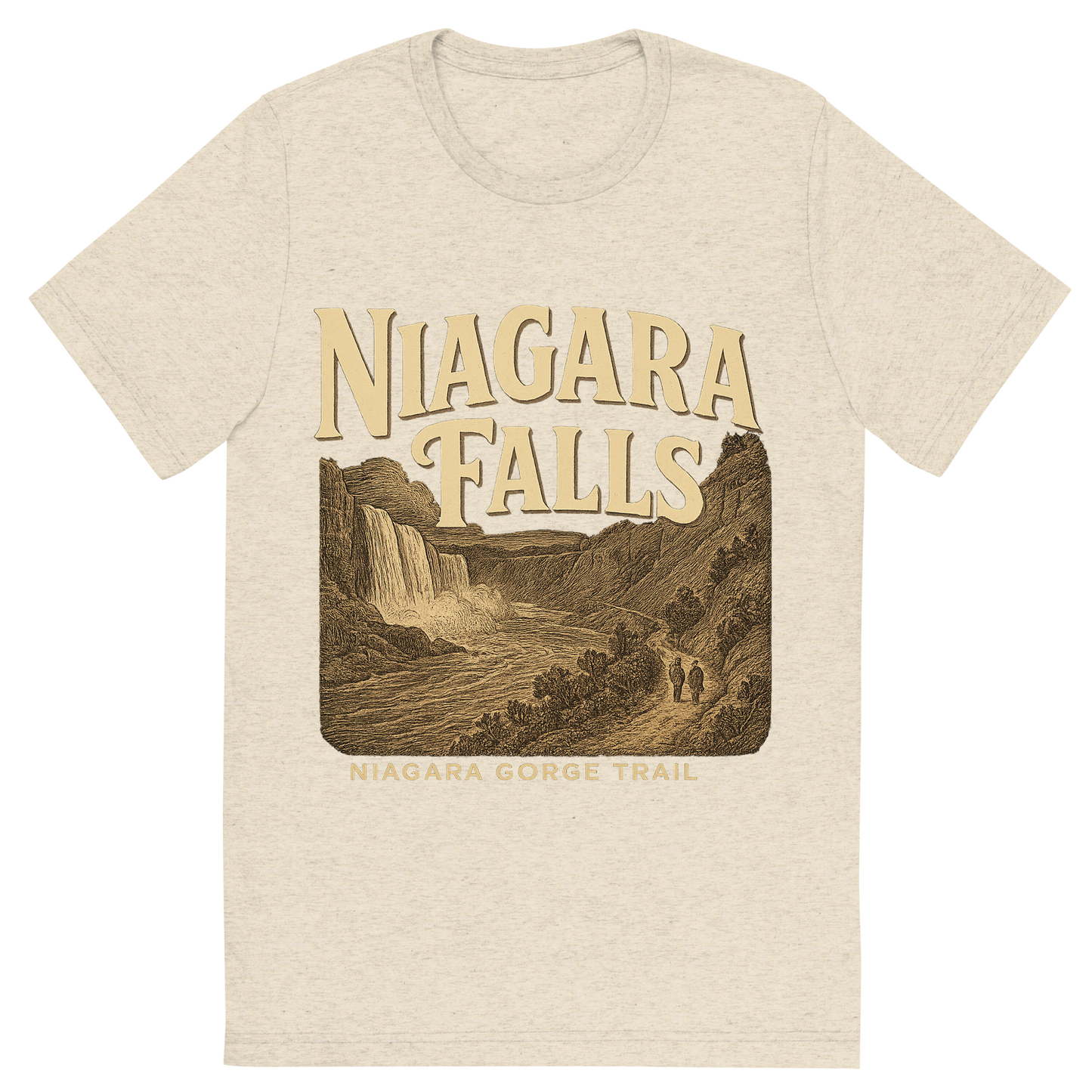 Front view of a Premium Tri-Blend Crew Neck T-Shirt in Oatmeal showing 'A typographic, nostalgic graphic of a typographic illustration of the words 'niagara falls' with a vintage line art drawing of the niagara gorge trail'