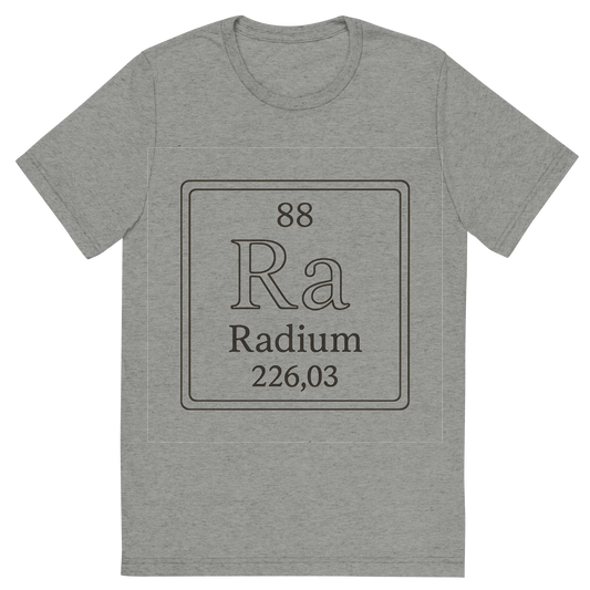 Front view of a Premium Tri-Blend Crew Neck T-Shirt in Athletic Grey showing 'A line art, nostalgic graphic of radium's entry on the periodic table, use a dark color for the lines and text'