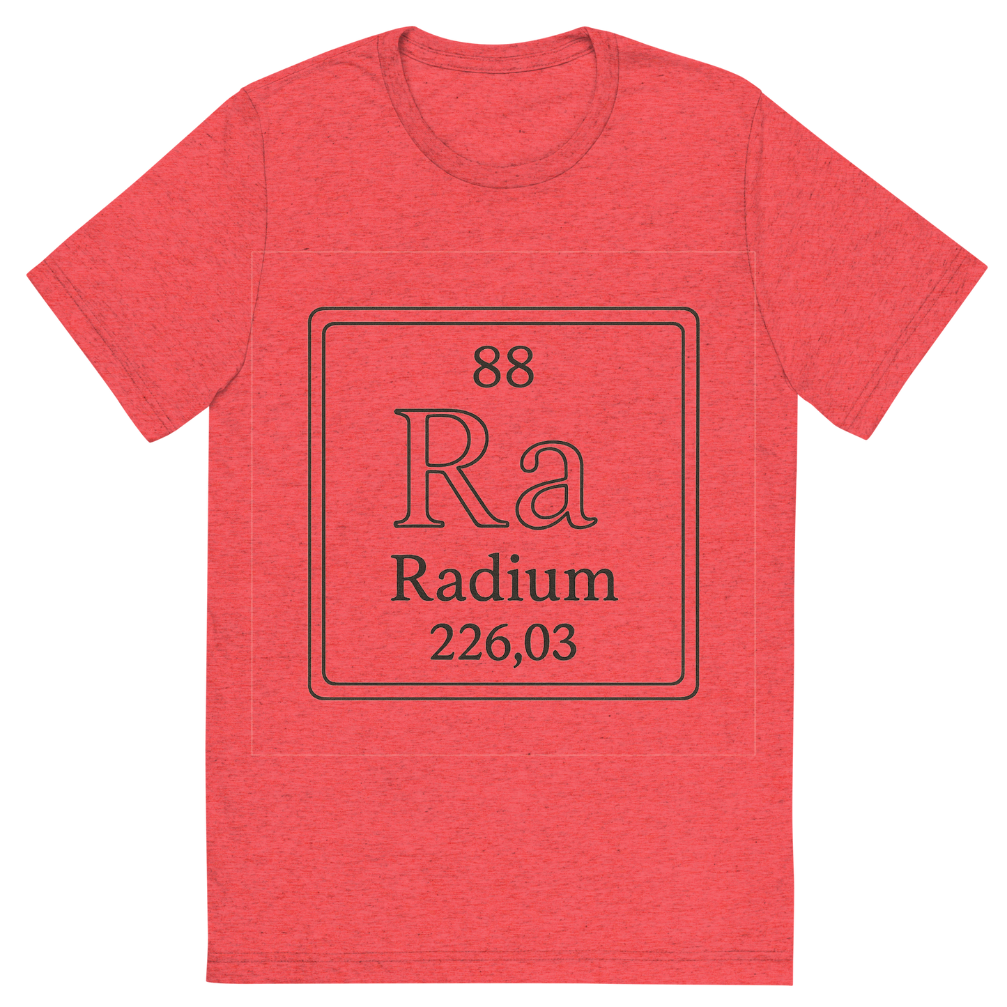 Front view of a Premium Tri-Blend Crew Neck T-Shirt in Red showing 'A line art, nostalgic graphic of radium's entry on the periodic table, use a dark color for the lines and text'