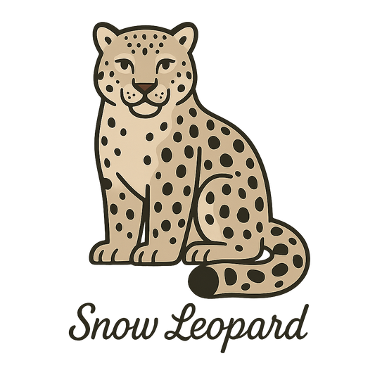 A flat, neutral graphic of a clean illustration of a snow leopard with thick fur, curled tail, and spotted coat. “snow leopard” is written below in graceful script. – a t-shirt design