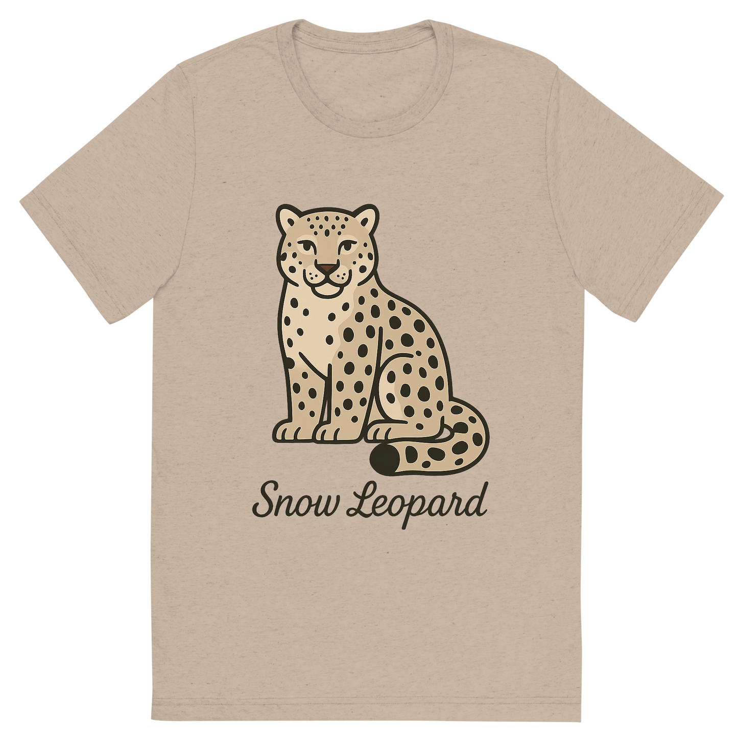 Front view of a Premium Tri-Blend Crew Neck T-Shirt in Tan showing 'A flat, neutral graphic of a clean illustration of a snow leopard with thick fur, curled tail, and spotted coat. “snow leopard” is written below in graceful script.'