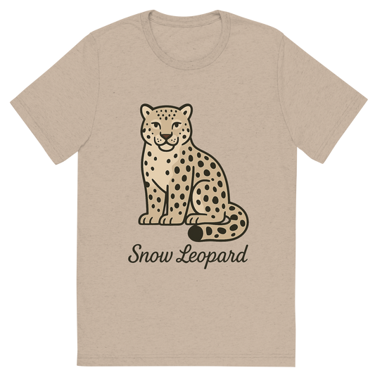 Front view of a Premium Tri-Blend Crew Neck T-Shirt in Tan showing 'A flat, neutral graphic of a clean illustration of a snow leopard with thick fur, curled tail, and spotted coat. “snow leopard” is written below in graceful script.'