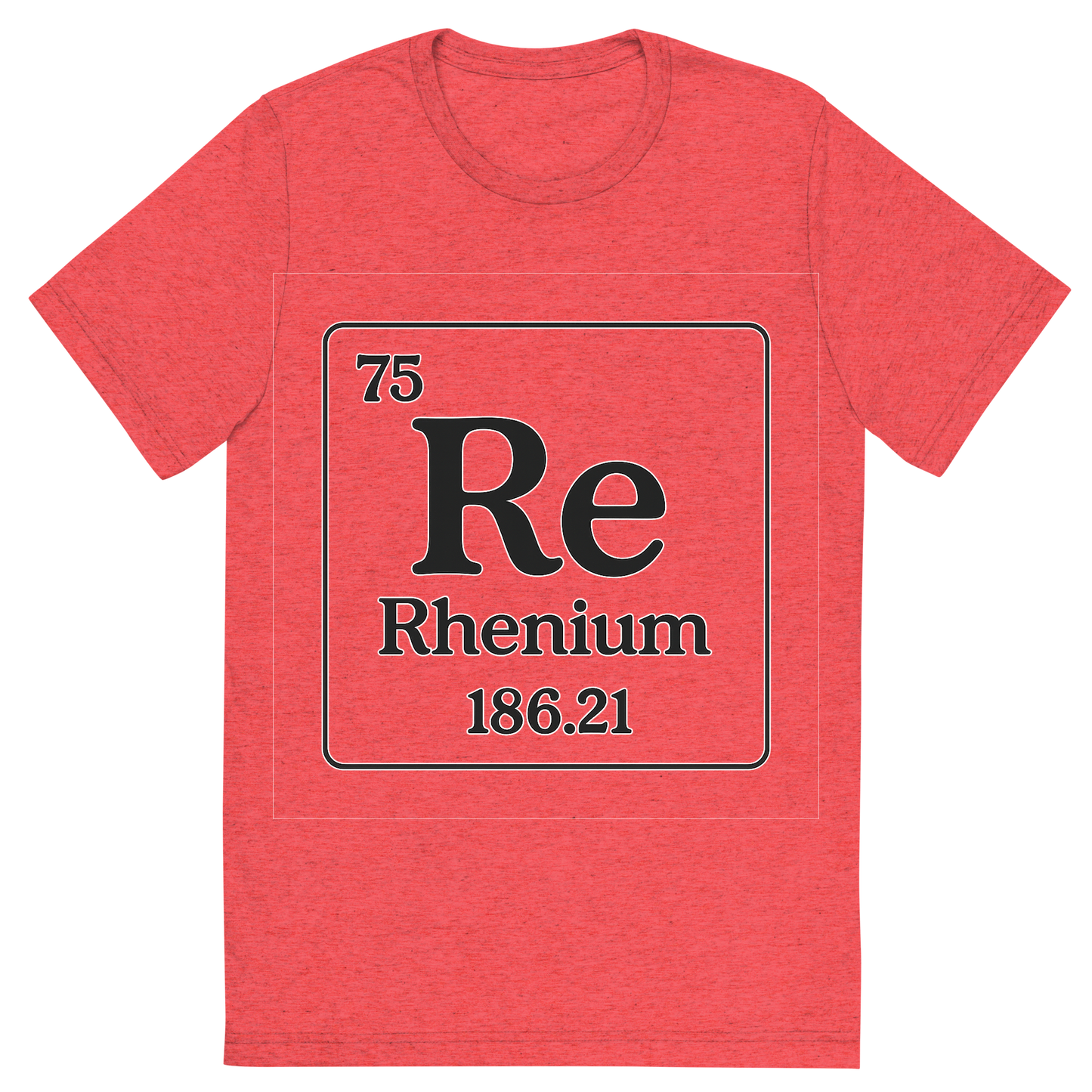 Front view of a Premium Tri-Blend Crew Neck T-Shirt in Red showing 'A line art, nostalgic graphic of rhenium's entry on the periodic table, use a dark color for the lines and text'