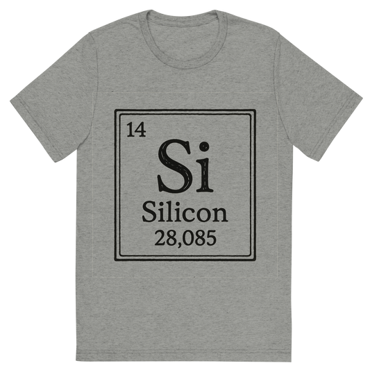 Front view of a Premium Tri-Blend Crew Neck T-Shirt in Athletic Grey showing 'A line art, nostalgic graphic of silicon's entry on the periodic table, use a dark color for the lines and text'