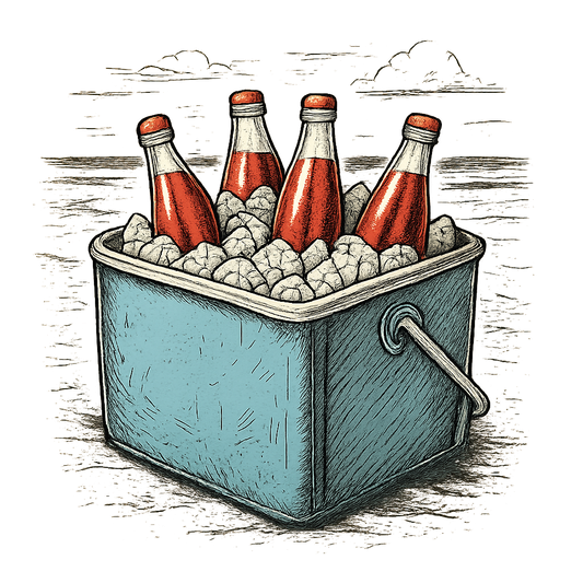A hand-drawn ink with pops of color, cool graphic of a retro metal cooler filled with ice and glass soda bottles, sitting on the beach, hand-drawn ink with pops of color, centered composition, transparent background, optimized for dtg printing - a t-shirt design