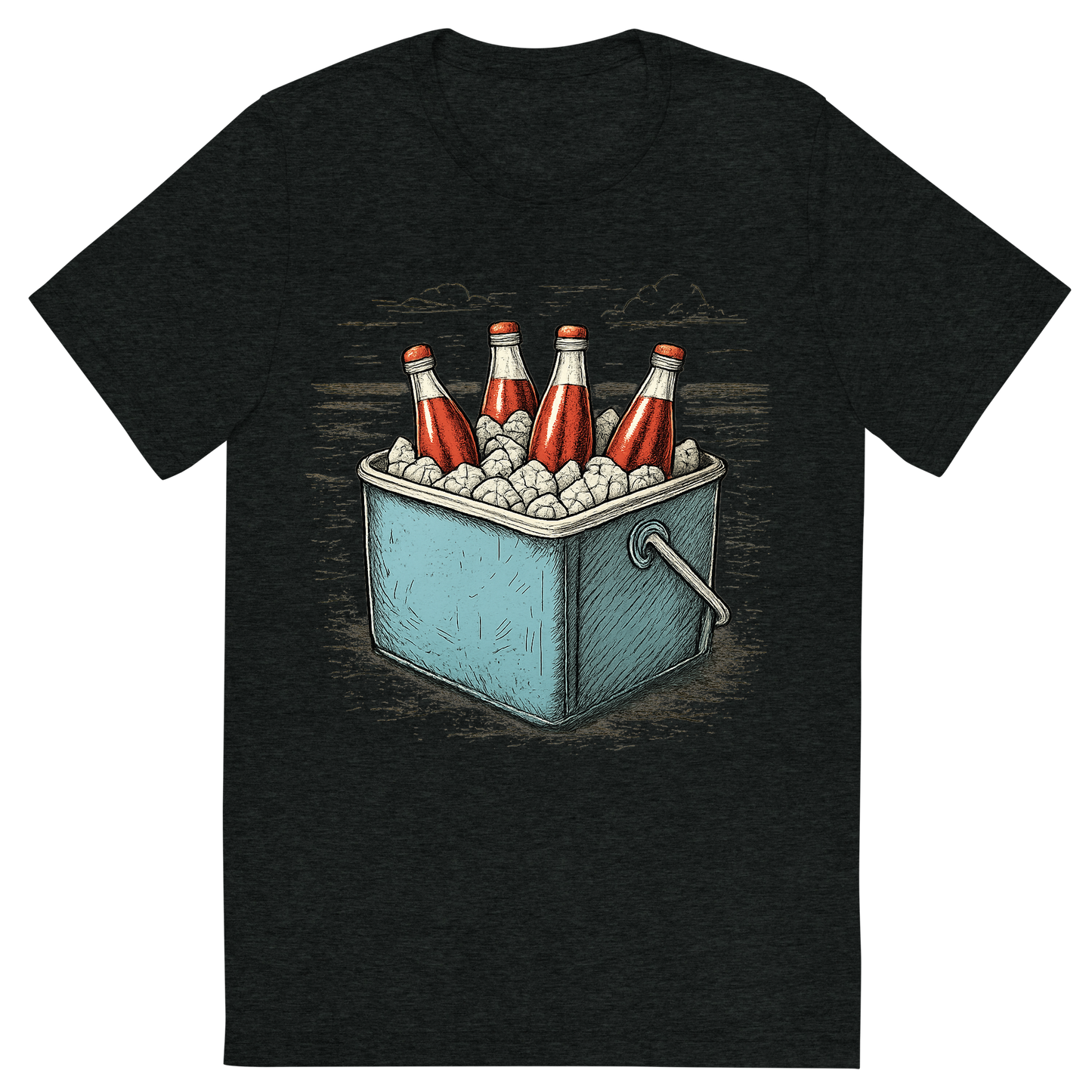 Front view of a Premium Tri-Blend Crew Neck T-Shirt in Charcoal-Black showing 'A hand-drawn ink with pops of color, cool graphic of a retro metal cooler filled with ice and glass soda bottles, sitting on the beach, hand-drawn ink with pops of color, centered composition, transparent background, optimized for dtg printing'