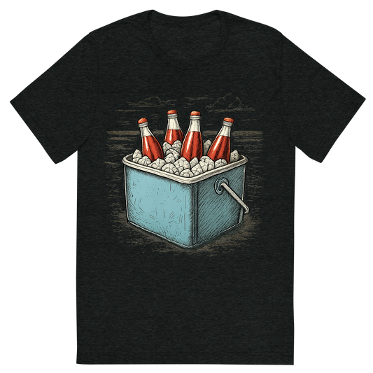 Front view of a Premium Tri-Blend Crew Neck T-Shirt in Charcoal-Black showing 'A hand-drawn ink with pops of color, cool graphic of a retro metal cooler filled with ice and glass soda bottles, sitting on the beach, hand-drawn ink with pops of color, centered composition, transparent background, optimized for dtg printing'