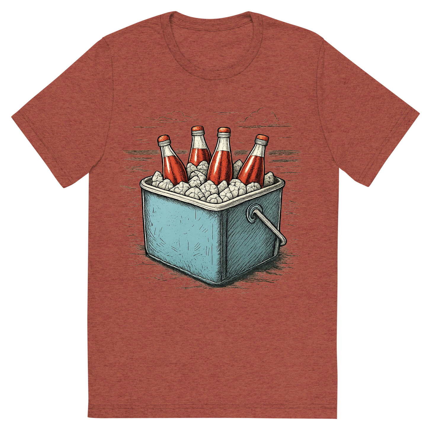Front view of a Premium Tri-Blend Crew Neck T-Shirt in Clay showing 'A hand-drawn ink with pops of color, cool graphic of a retro metal cooler filled with ice and glass soda bottles, sitting on the beach, hand-drawn ink with pops of color, centered composition, transparent background, optimized for dtg printing'