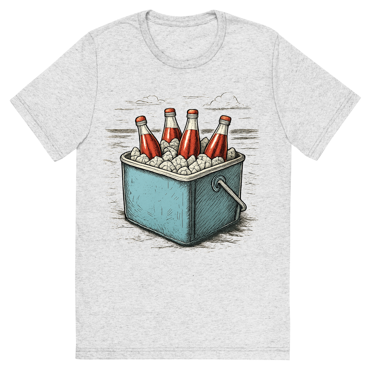 Front view of a Premium Tri-Blend Crew Neck T-Shirt in White Fleck showing 'A hand-drawn ink with pops of color, cool graphic of a retro metal cooler filled with ice and glass soda bottles, sitting on the beach, hand-drawn ink with pops of color, centered composition, transparent background, optimized for dtg printing'