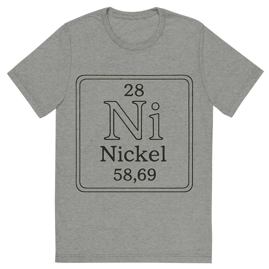 Front view of a Premium Tri-Blend Crew Neck T-Shirt in Athletic Grey showing 'A line art, nostalgic graphic of nickel's entry on the periodic table, use a dark color for the lines and text'