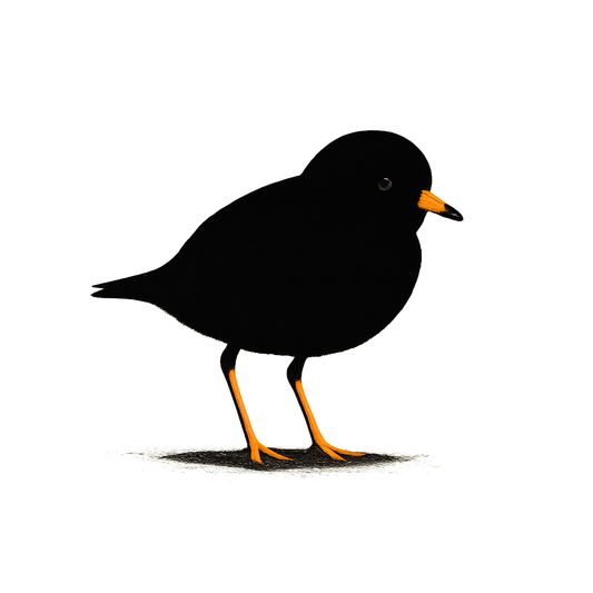A high-contrast silhouette with minimal accent color, delicate graphic of a small silhouette of a piping plover standing on the sand with orange legs and beak highlighted, transparent background, optimized for dtg printing - a t-shirt design