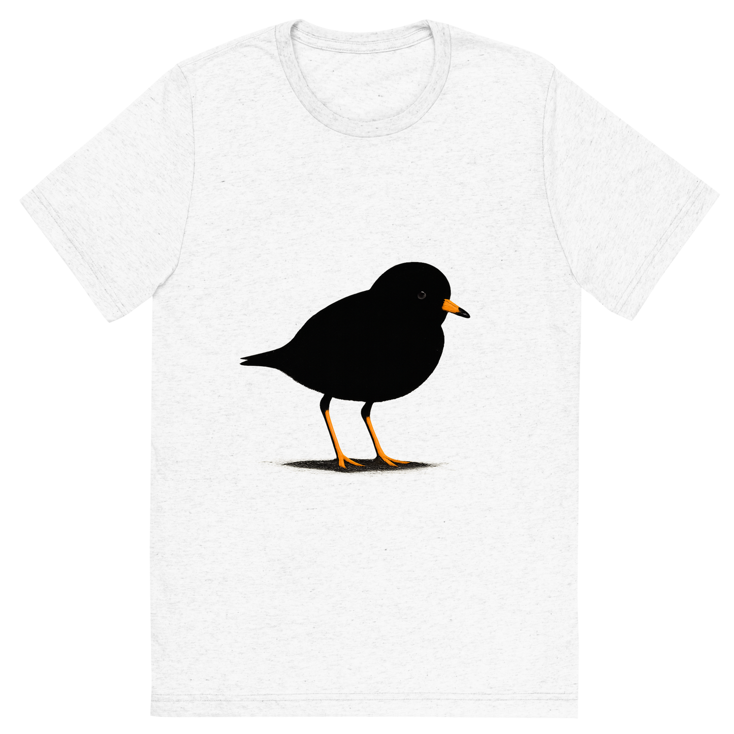 Front view of a Premium Tri-Blend Crew Neck T-Shirt in Solid White showing 'A high-contrast silhouette with minimal accent color, delicate graphic of a small silhouette of a piping plover standing on the sand with orange legs and beak highlighted, transparent background, optimized for dtg printing'