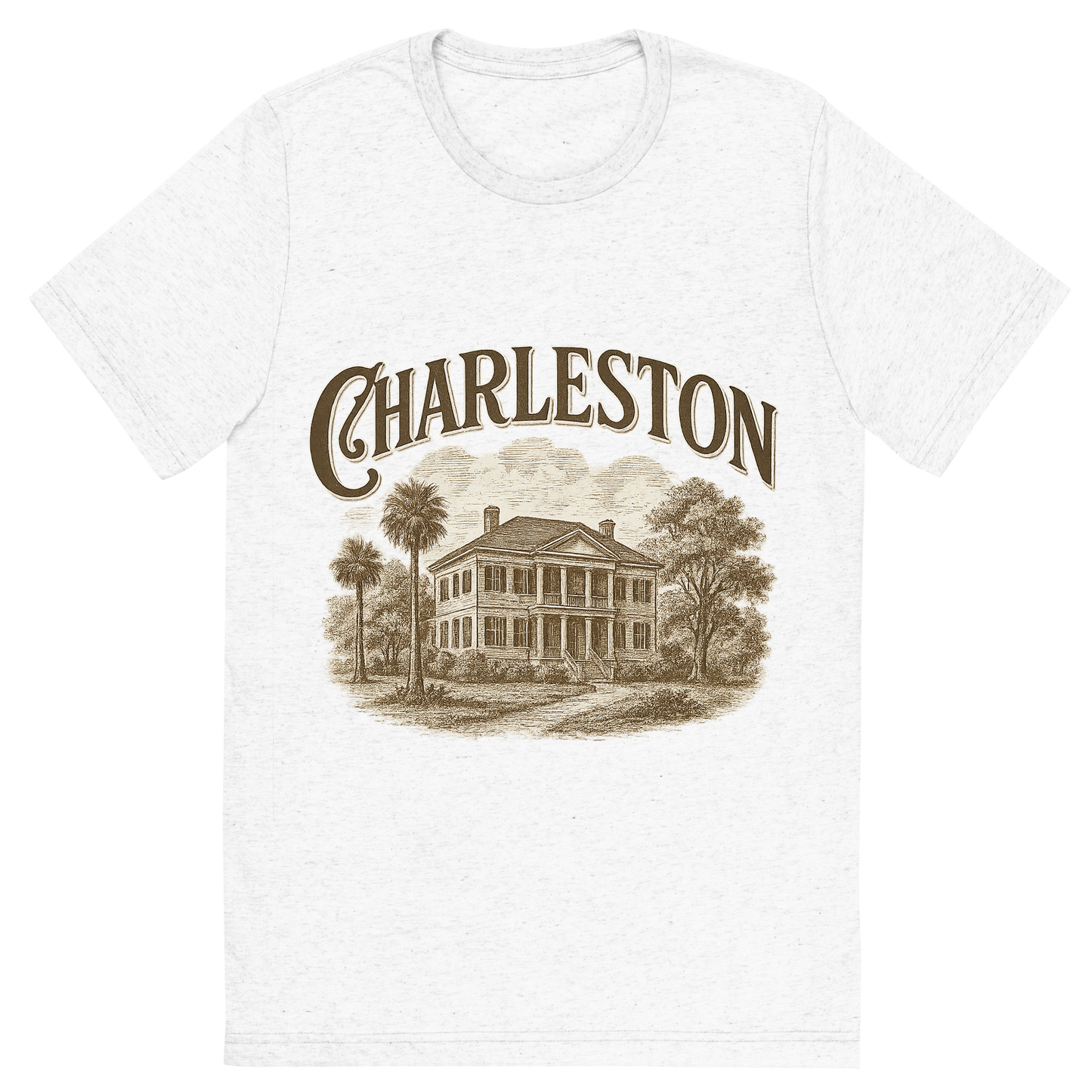 Front view of a Premium Tri-Blend Crew Neck T-Shirt in Solid White showing 'A typographic, nostalgic graphic of a typographic illustration of the words 'charleston' with a vintage line art drawing of the historic plantations'