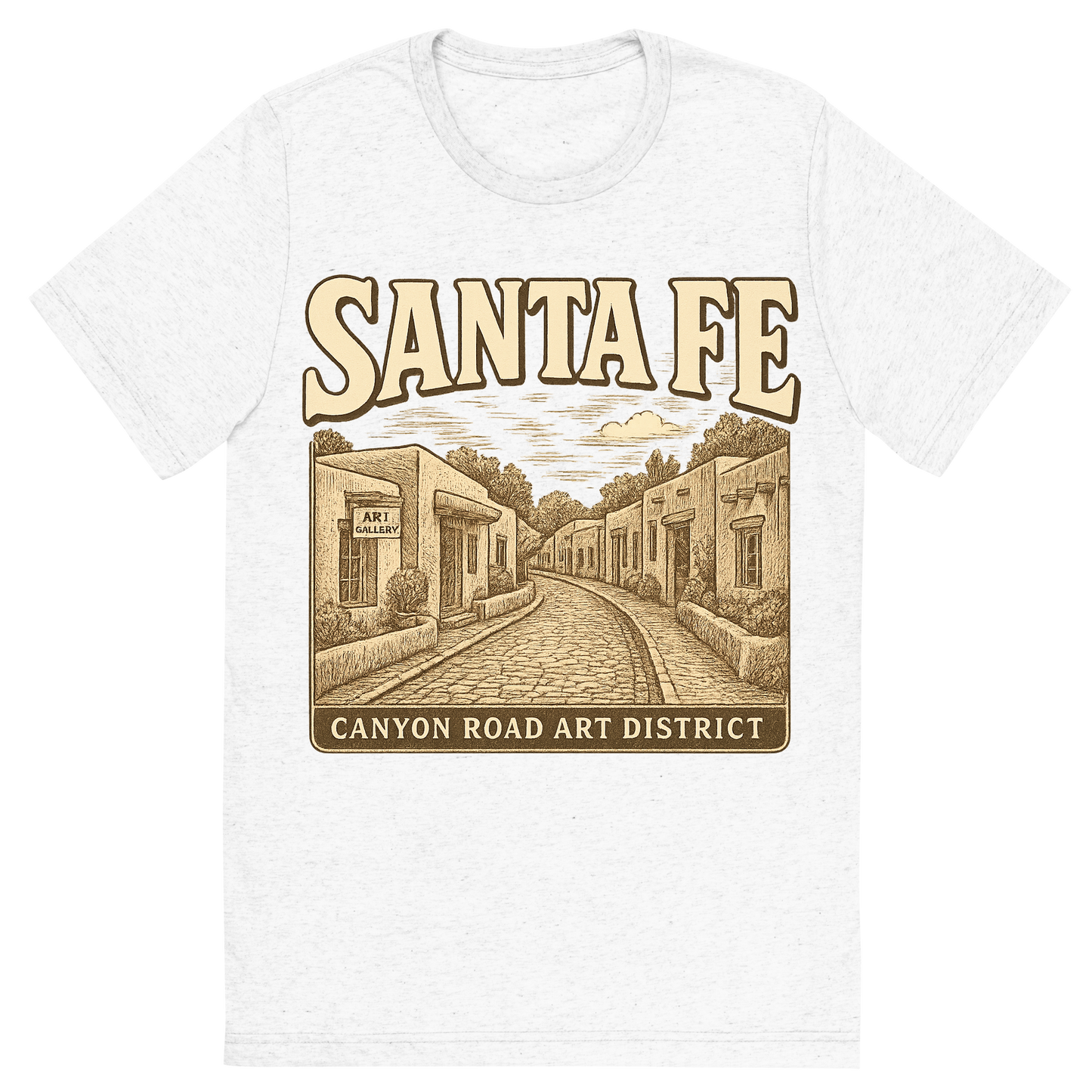 Front view of a Premium Tri-Blend Crew Neck T-Shirt in Solid White showing 'A typographic, nostalgic graphic of a typographic illustration of the words 'santa fe' with a vintage line art drawing of the canyon road art district'