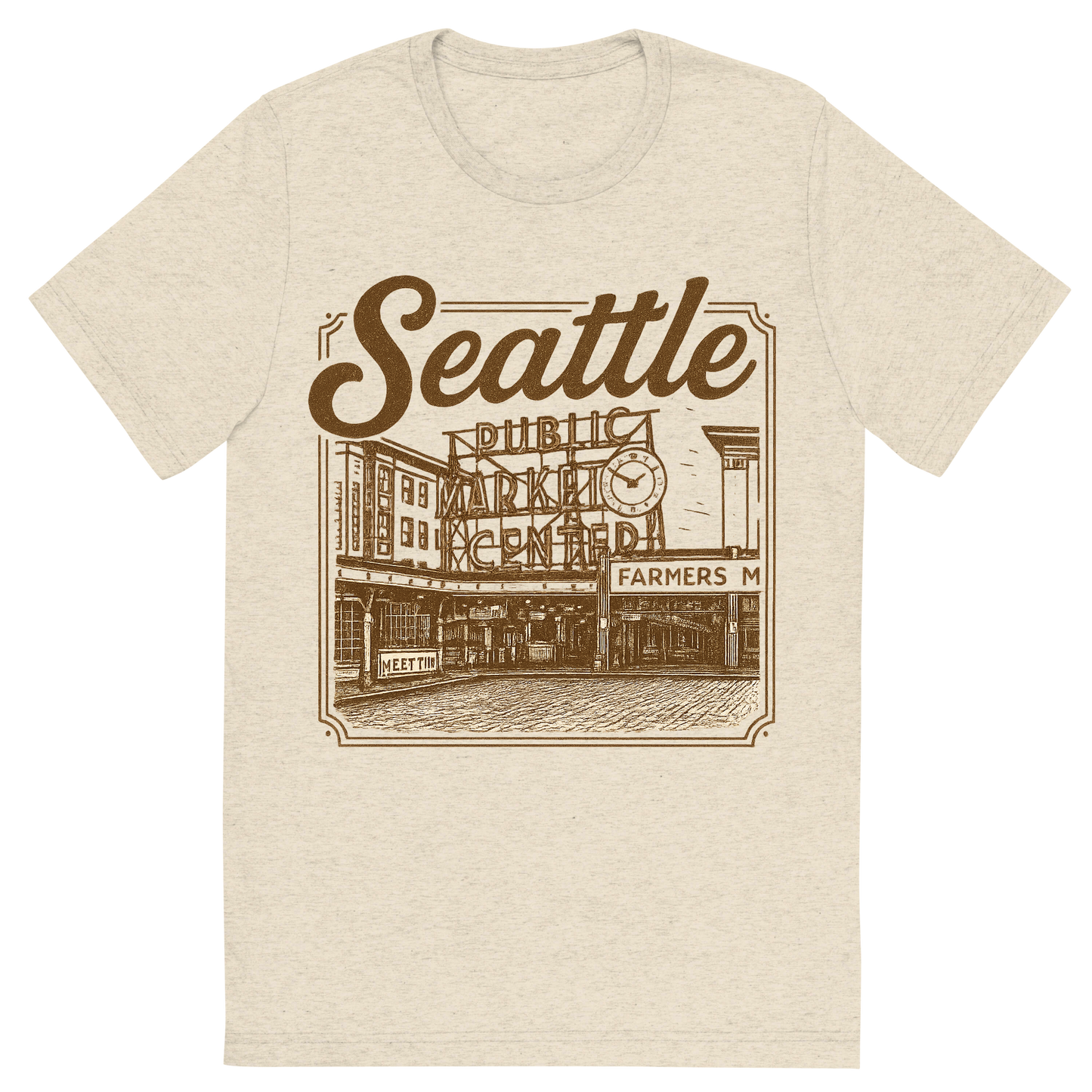 Front view of a Premium Tri-Blend Crew Neck T-Shirt in Oatmeal showing 'A typographic, nostalgic graphic of a typographic illustration of the words 'seattle' with a vintage line art drawing of the pike place market'
