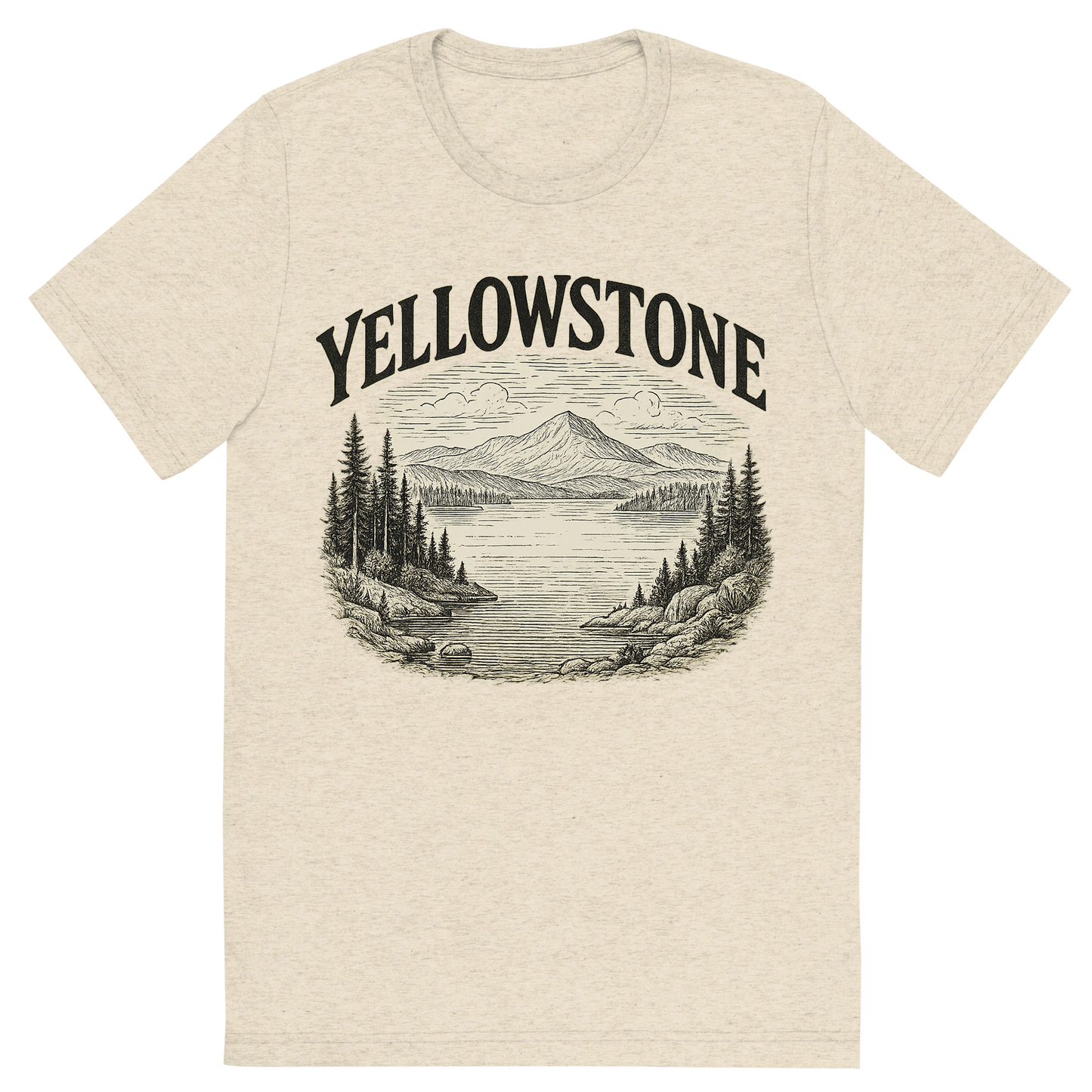 Front view of a Premium Tri-Blend Crew Neck T-Shirt in Oatmeal showing 'A typographic, nostalgic graphic of a typographic illustration of the words 'yellowstone' with a vintage line art drawing of the yellowstone lake'