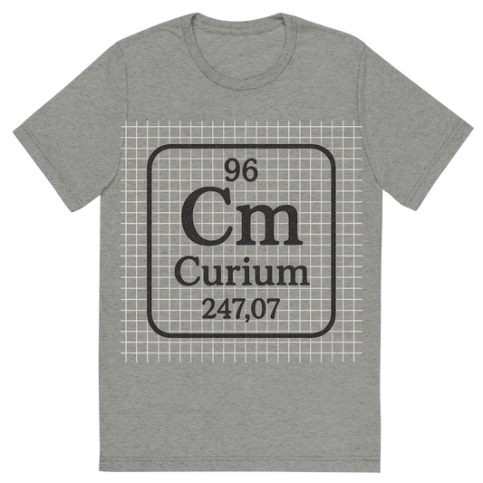 Front view of a Premium Tri-Blend Crew Neck T-Shirt in Athletic Grey showing 'A line art, nostalgic graphic of curium's entry on the periodic table, use a dark color for the lines and text'