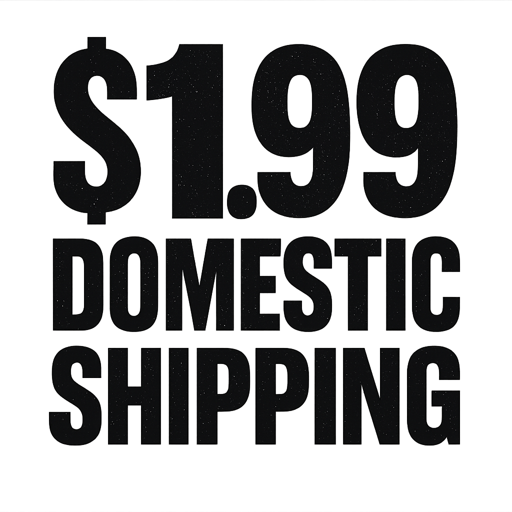 A typographic, bold graphic of 'a typographic, bold graphic of just the words $1.99 domestic shipping tastefully rendered in typographical treatment – a t-shirt design