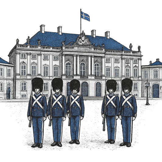 A hand-drawn ink with pop color, formal graphic of a refined ink-style illustration of amalienborg palace with danish guards in front and the words “amalienborg palace” in gold-trim lettering above. transparent background, centered layout, royal blue and gray pops. optimized for dtg. - a t-shirt design