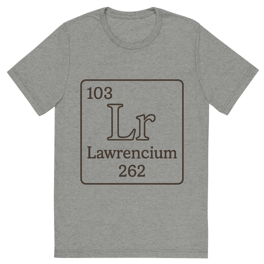 Front view of a Premium Tri-Blend Crew Neck T-Shirt in Athletic Grey showing 'A line art, nostalgic graphic of lawrencium's entry on the periodic table, use a dark color for the lines and text'