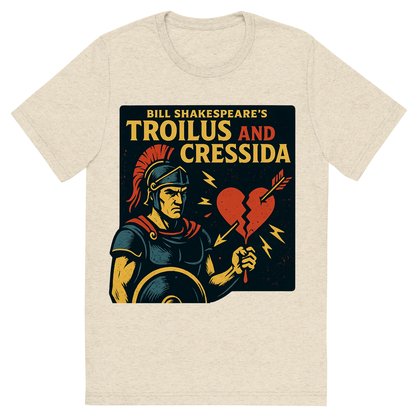 Front view of a Premium Tri-Blend Crew Neck T-Shirt in Oatmeal showing 'A retro, edgy graphic of a visual representation of a key theme and character from william shakespeare's troilus and cressida'