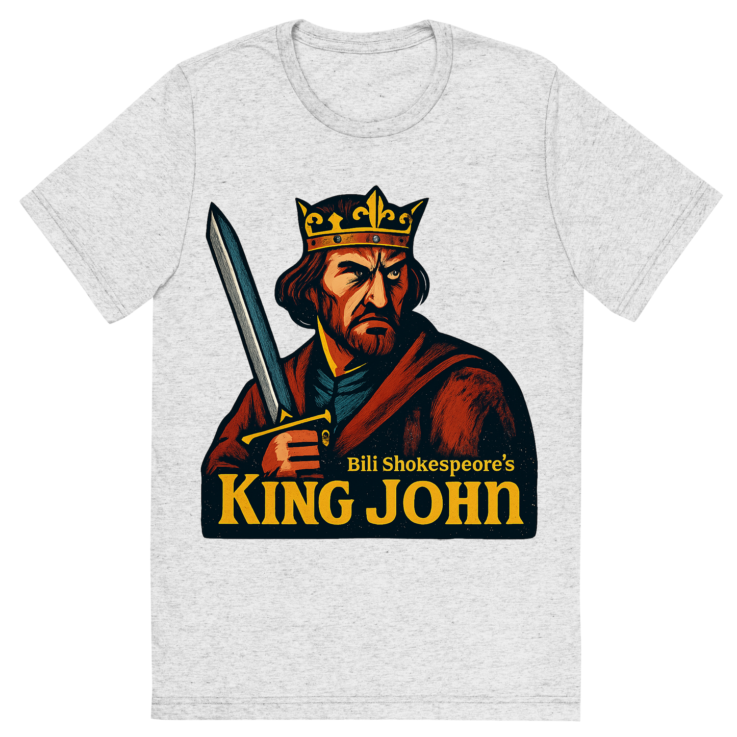 Front view of a Premium Tri-Blend Crew Neck T-Shirt in White Fleck showing 'A retro, edgy graphic of a visual representation of a key theme and character from william shakespeare's king john'