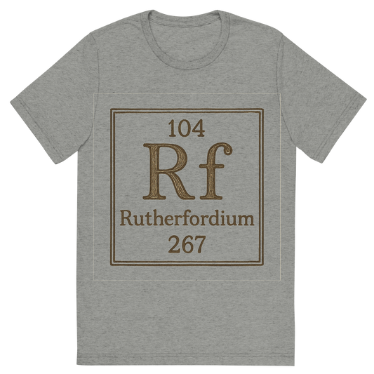 Front view of a Premium Tri-Blend Crew Neck T-Shirt in Athletic Grey showing 'A line art, nostalgic graphic of rutherfordium's entry on the periodic table, use a dark color for the lines and text'