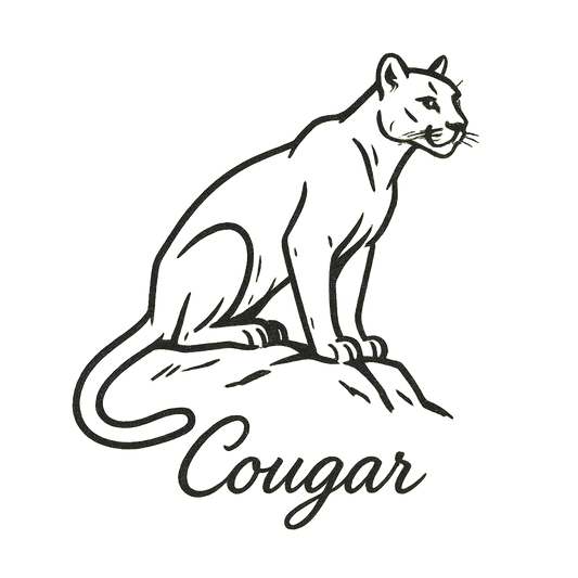 A flat, neutral graphic of a minimalist sketch of a cougar perched with alert posture. “cougar” appears in elegant cursive beneath. ink on white. – a t-shirt design