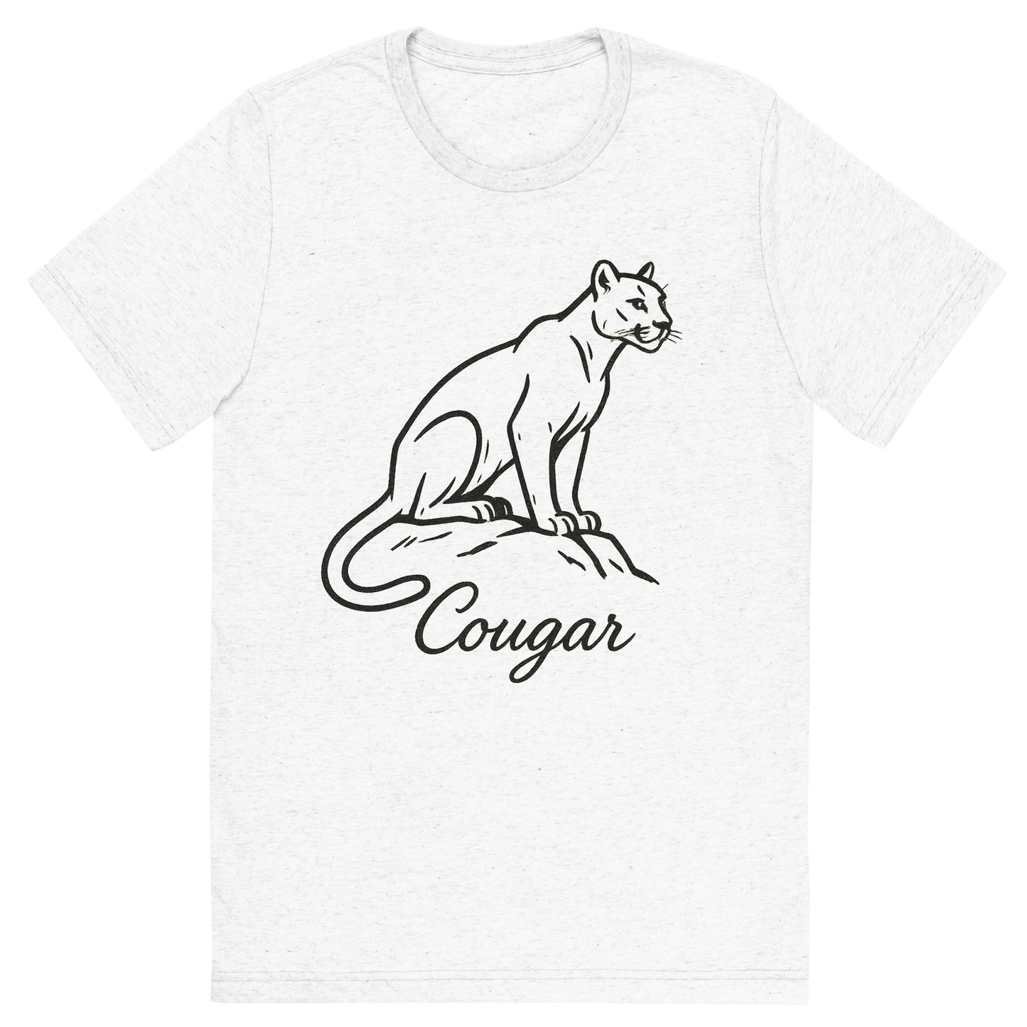 Front view of a Premium Tri-Blend Crew Neck T-Shirt in Solid White showing 'A flat, neutral graphic of a minimalist sketch of a cougar perched with alert posture. “cougar” appears in elegant cursive beneath. ink on white.'