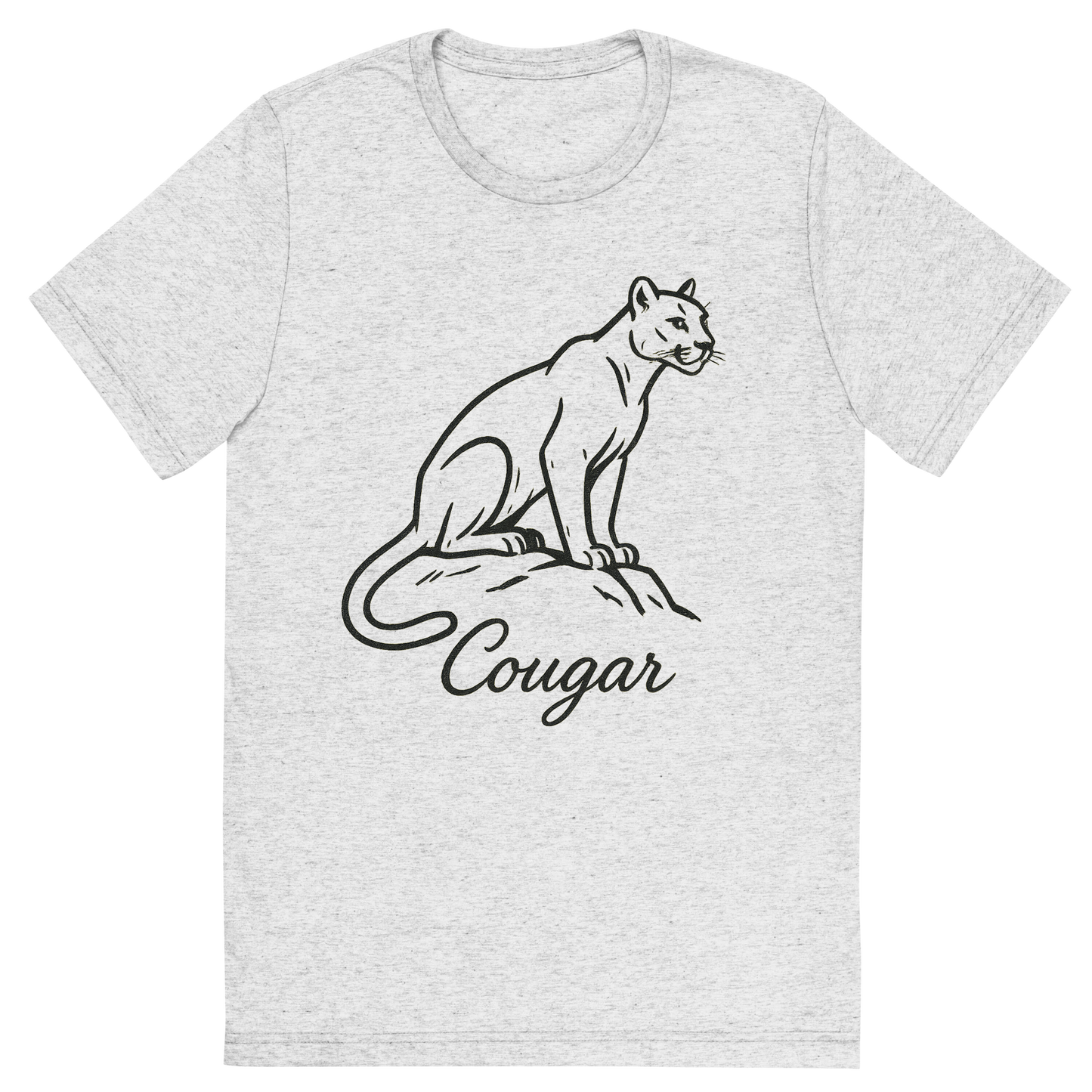 Front view of a Premium Tri-Blend Crew Neck T-Shirt in White Fleck showing 'A flat, neutral graphic of a minimalist sketch of a cougar perched with alert posture. “cougar” appears in elegant cursive beneath. ink on white.'