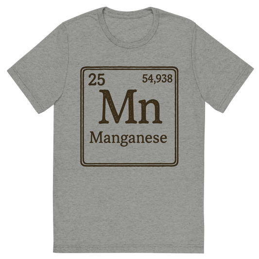 Front view of a Premium Tri-Blend Crew Neck T-Shirt in Athletic Grey showing 'A line art, nostalgic graphic of manganese's entry on the periodic table, use a dark color for the lines and text'