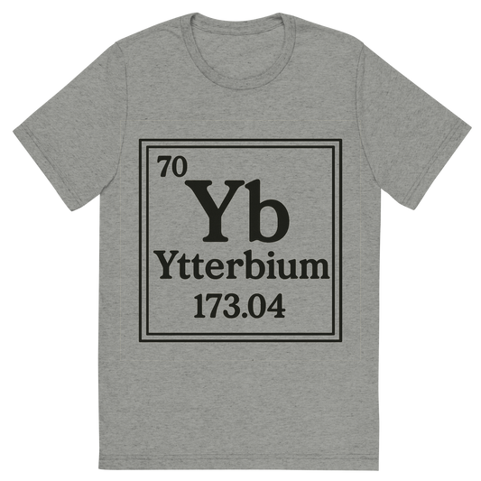 Front view of a Premium Tri-Blend Crew Neck T-Shirt in Athletic Grey showing 'A line art, nostalgic graphic of ytterbium's entry on the periodic table, use a dark color for the lines and text'