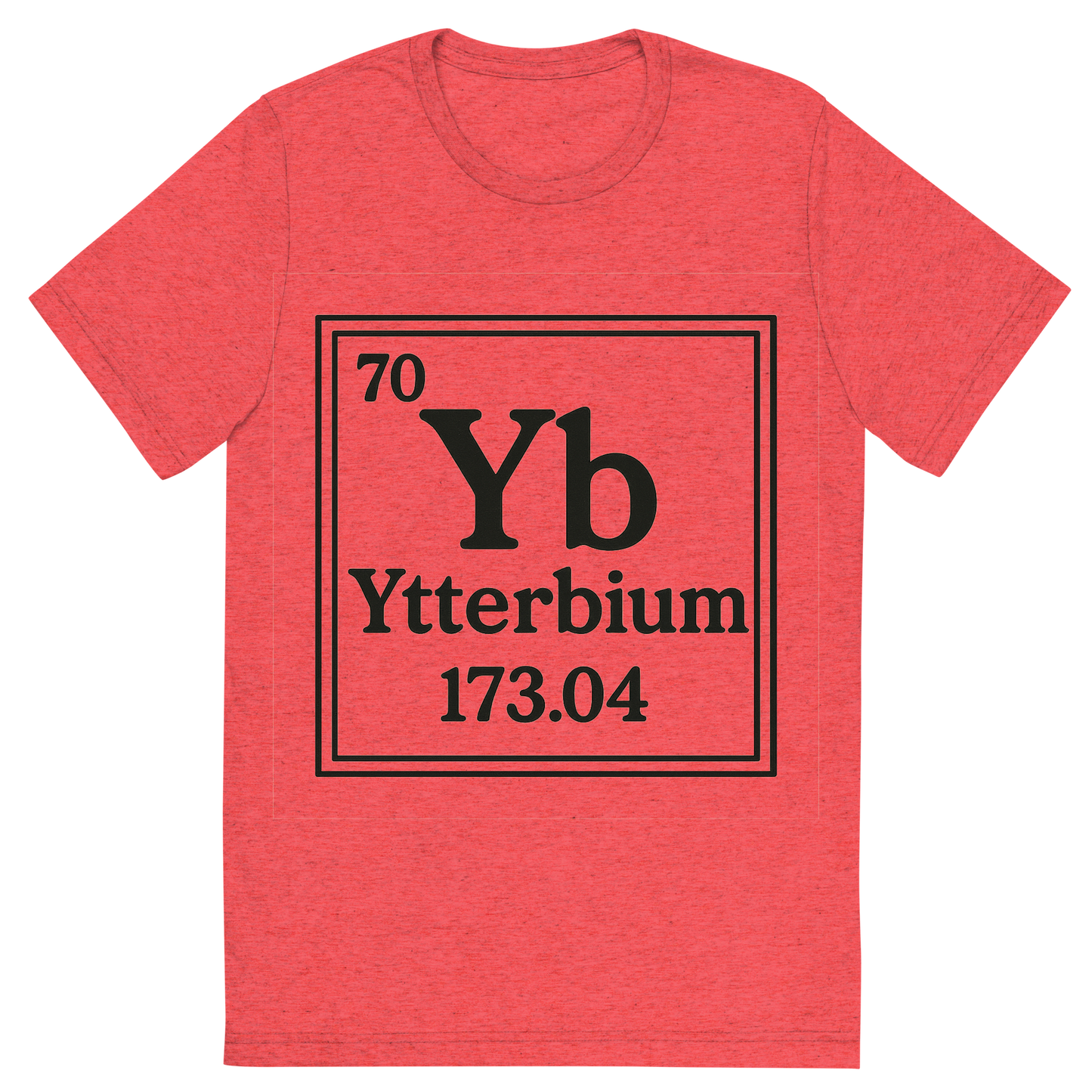 Front view of a Premium Tri-Blend Crew Neck T-Shirt in Red showing 'A line art, nostalgic graphic of ytterbium's entry on the periodic table, use a dark color for the lines and text'