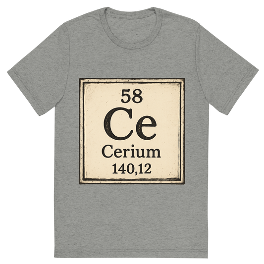 Front view of a Premium Tri-Blend Crew Neck T-Shirt in Athletic Grey showing 'A line art, nostalgic graphic of cerium's entry on the periodic table, use a dark color for the lines and text'