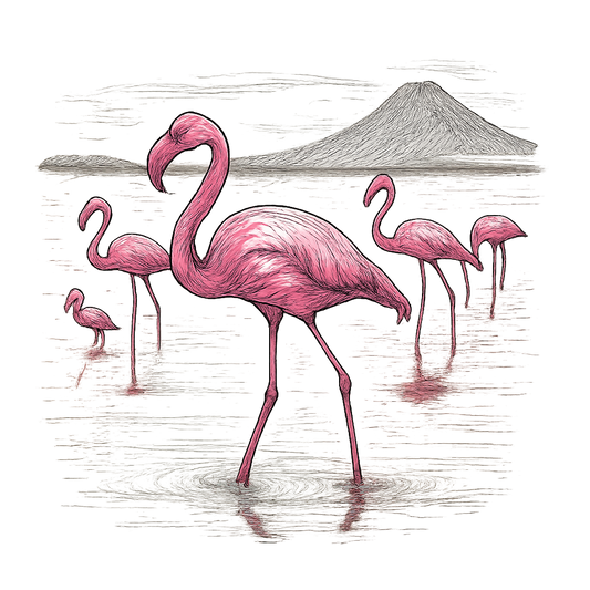 A hand-drawn ink with color pops, elegant graphic of a graceful group of pink flamingos wading through the shallow, reflective waters of lake natron, illustrated in a hand-drawn ink style with pops of vivid pink and white, centered composition, transparent background, optimized for dtg printing - a t-shirt design