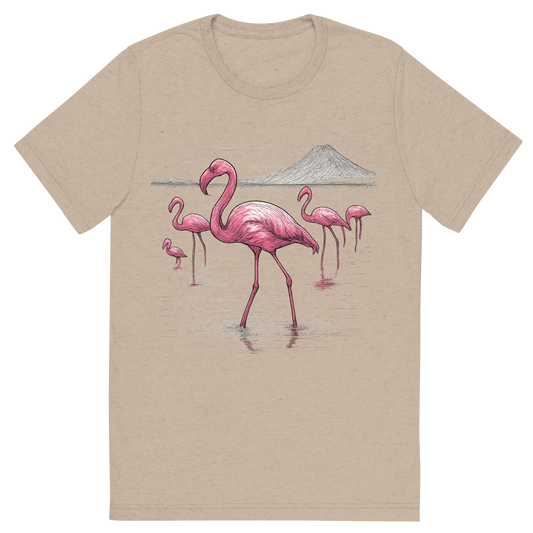 Front view of a Premium Tri-Blend Crew Neck T-Shirt in Tan showing 'A hand-drawn ink with color pops, elegant graphic of a graceful group of pink flamingos wading through the shallow, reflective waters of lake natron, illustrated in a hand-drawn ink style with pops of vivid pink and white, centered composition, transparent background, optimized for dtg printing'