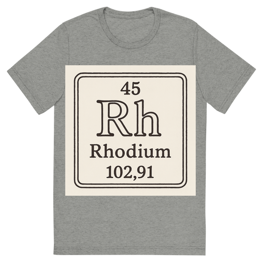 Front view of a Premium Tri-Blend Crew Neck T-Shirt in Athletic Grey showing 'A line art, nostalgic graphic of rhodium's entry on the periodic table, use a dark color for the lines and text'