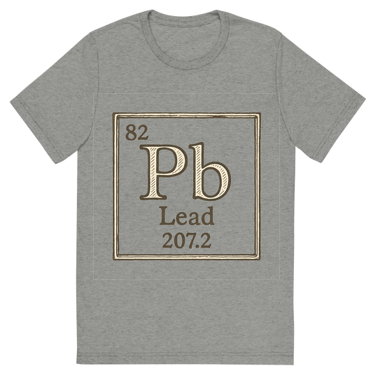 Front view of a Premium Tri-Blend Crew Neck T-Shirt in Athletic Grey showing 'A line art, nostalgic graphic of lead's entry on the periodic table, use a dark color for the lines and text'