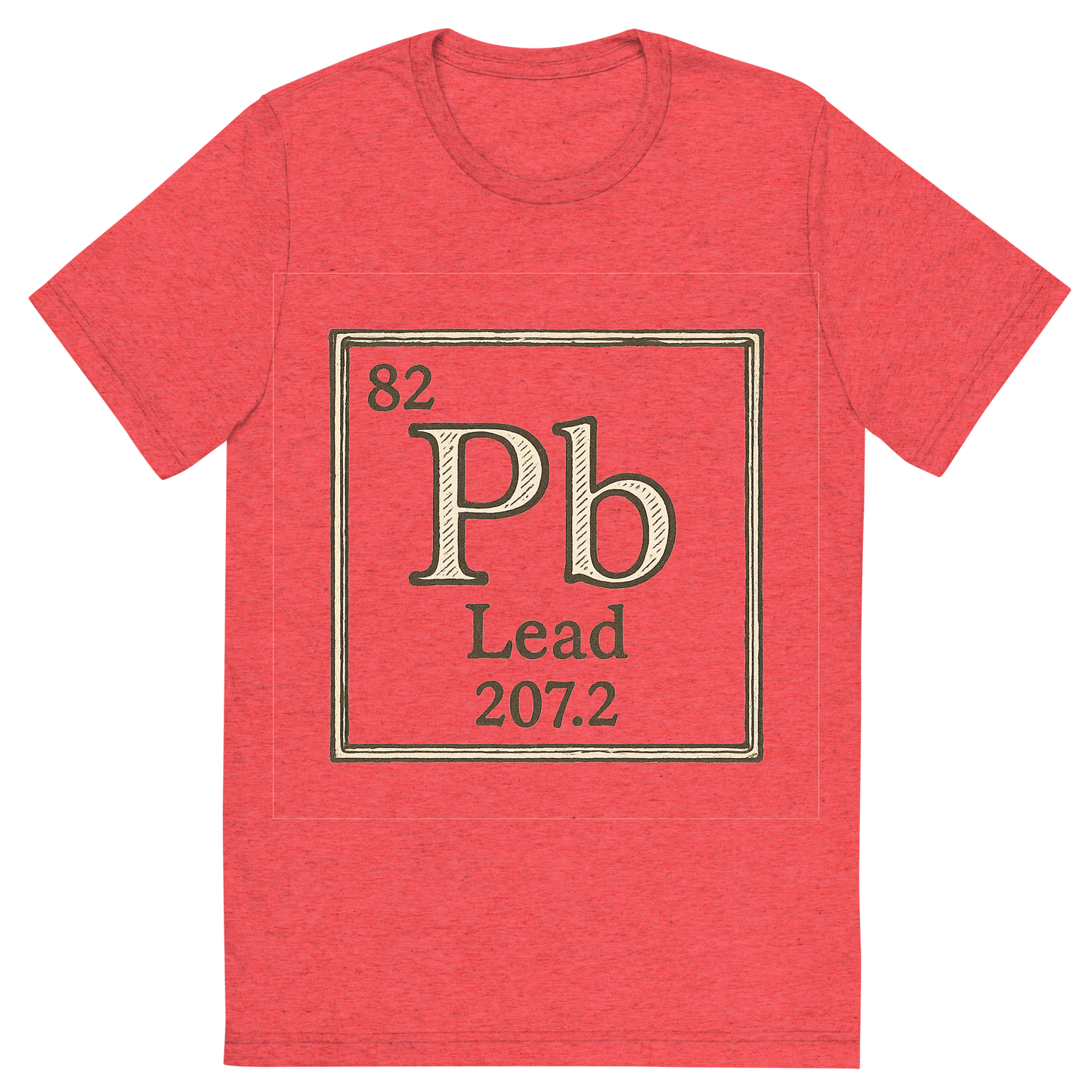 Front view of a Premium Tri-Blend Crew Neck T-Shirt in Red showing 'A line art, nostalgic graphic of lead's entry on the periodic table, use a dark color for the lines and text'