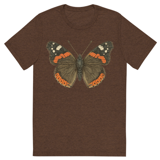 Front view of a Premium Tri-Blend Crew Neck T-Shirt in Brown showing 'A hand-drawn, tranquil graphic of red admiral butterfly'
