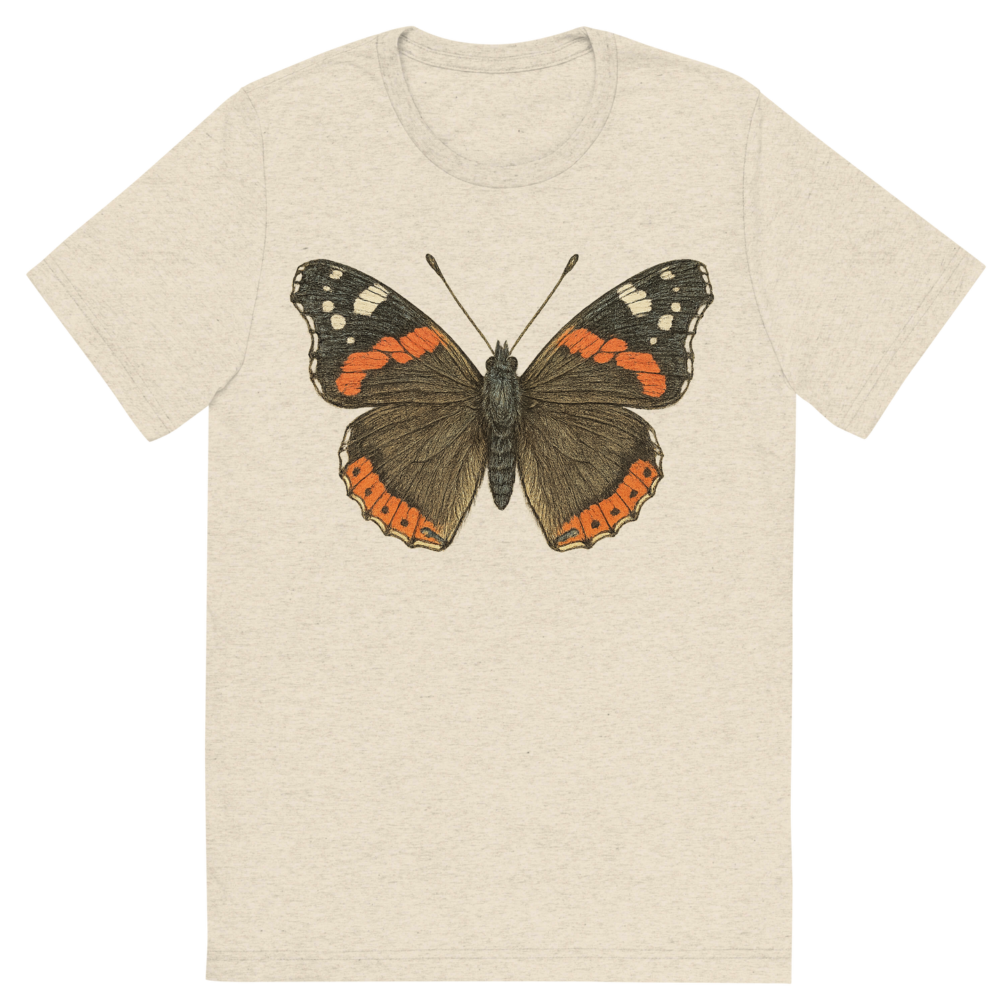 Front view of a Premium Tri-Blend Crew Neck T-Shirt in Oatmeal showing 'A hand-drawn, tranquil graphic of red admiral butterfly'
