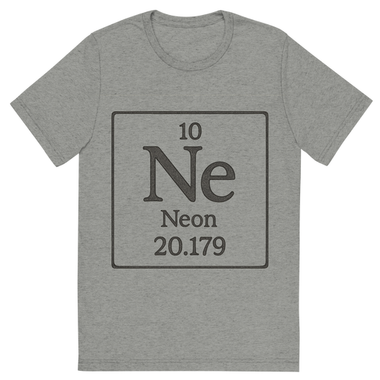 Front view of a Premium Tri-Blend Crew Neck T-Shirt in Athletic Grey showing 'A line art, nostalgic graphic of neon's entry on the periodic table, use a dark color for the lines and text'