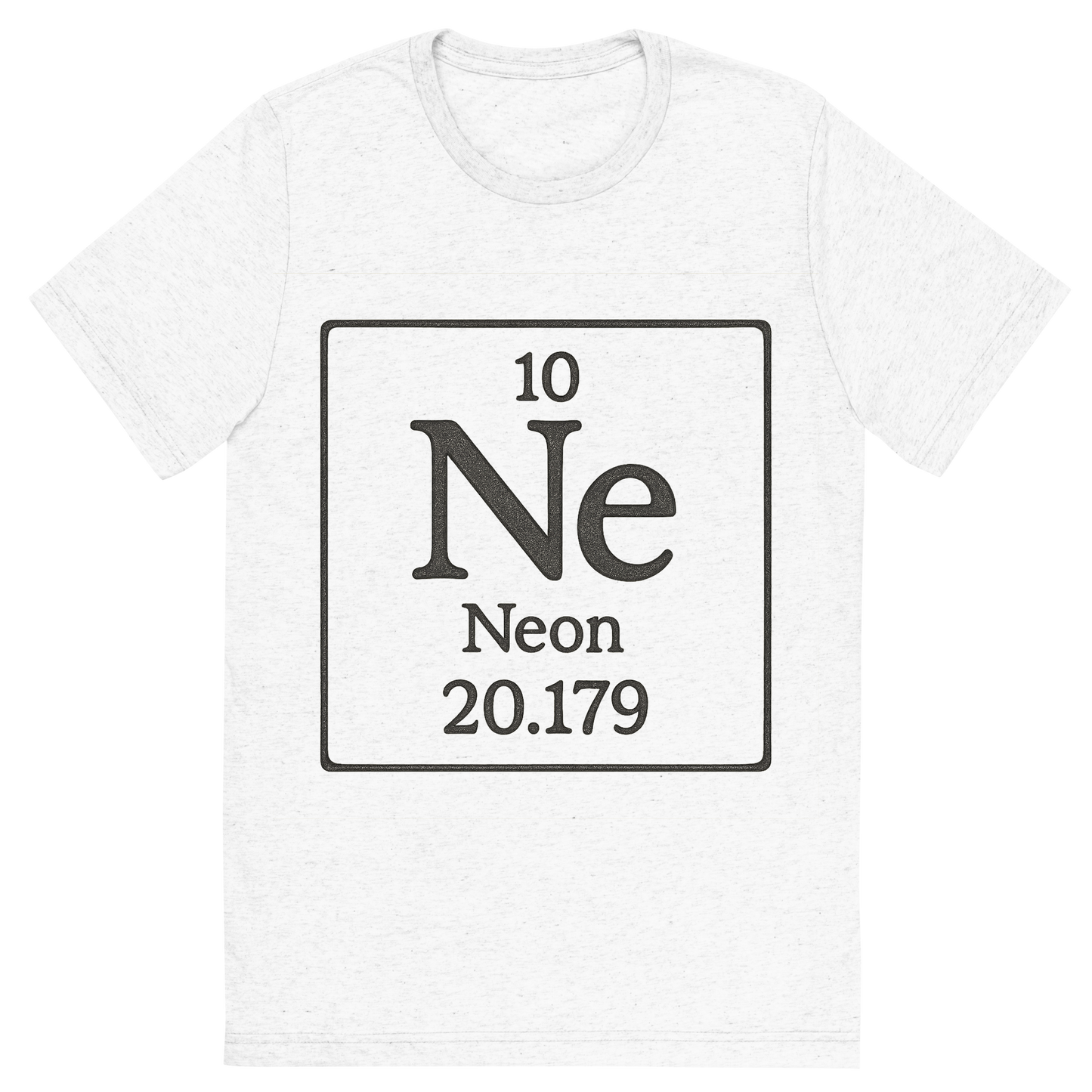 Front view of a Premium Tri-Blend Crew Neck T-Shirt in Solid White showing 'A line art, nostalgic graphic of neon's entry on the periodic table, use a dark color for the lines and text'