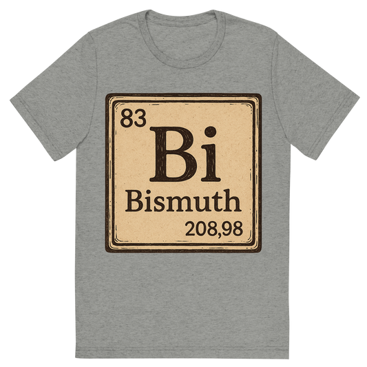 Front view of a Premium Tri-Blend Crew Neck T-Shirt in Athletic Grey showing 'A line art, nostalgic graphic of bismuth's entry on the periodic table, use a dark color for the lines and text'