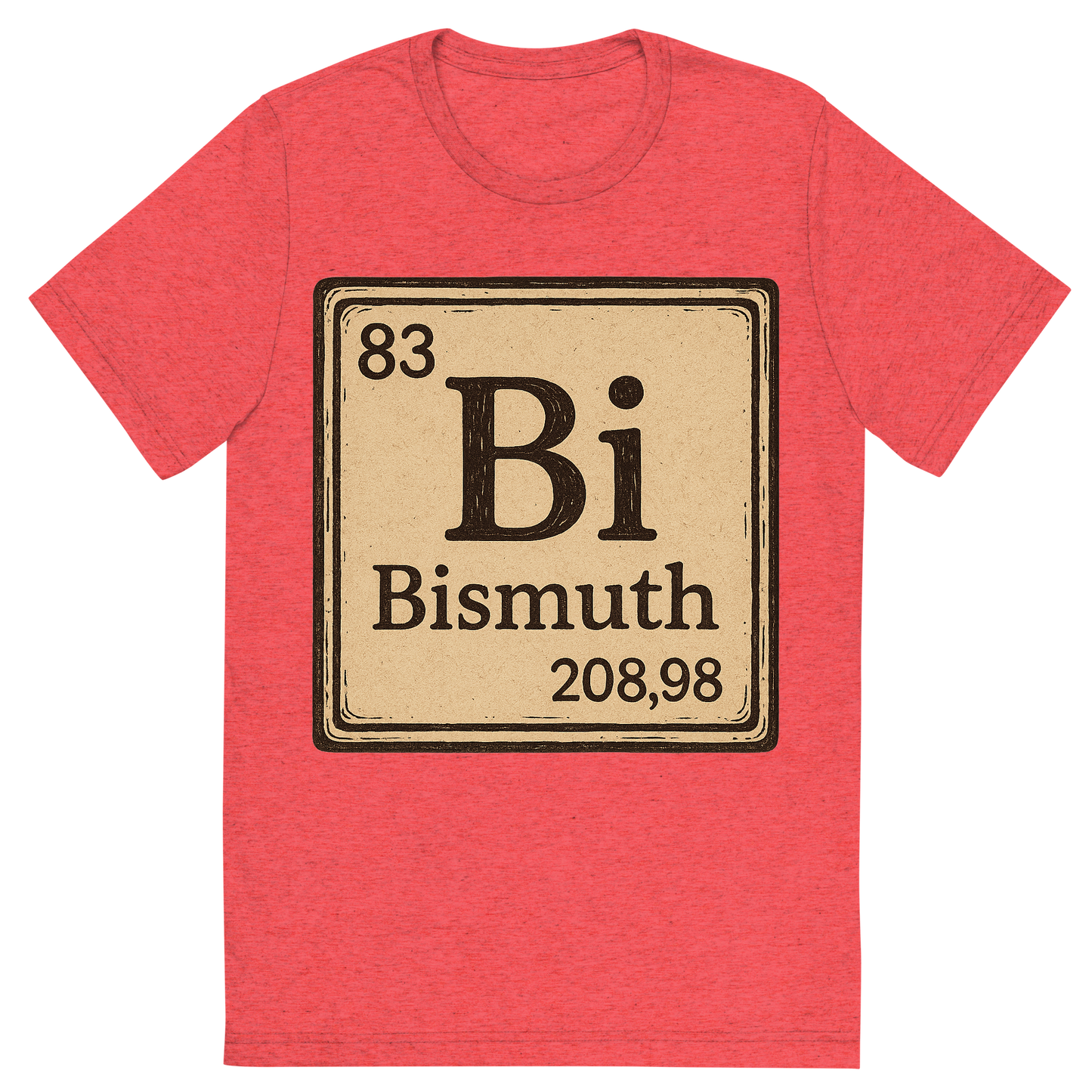 Front view of a Premium Tri-Blend Crew Neck T-Shirt in Red showing 'A line art, nostalgic graphic of bismuth's entry on the periodic table, use a dark color for the lines and text'