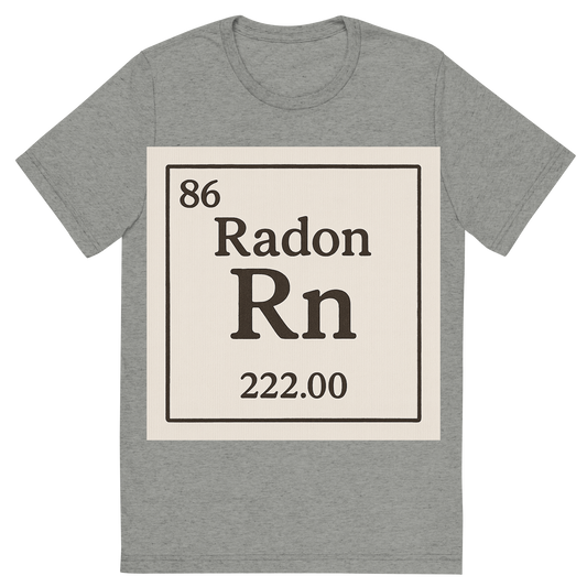 Front view of a Premium Tri-Blend Crew Neck T-Shirt in Athletic Grey showing 'A line art, nostalgic graphic of radon's entry on the periodic table, use a dark color for the lines and text'