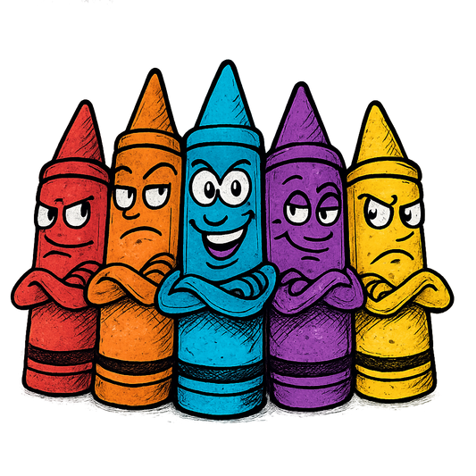 A hand-drawn ink with pop color, cheeky graphic of a lineup of cartoon crayons with expressive faces and personalities, arms crossed like a gang, with the words “crayon crew” above in bright block lettering. transparent background, centered, dtg optimized, hand-drawn with vibrant colors. - a t-shirt design